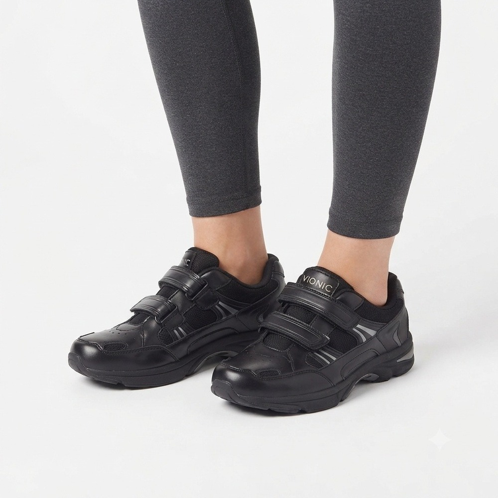 Vionic Shoes Womens 10 Tabi Leather Walking Shoes Black Hook Loop Strap Sneakers
